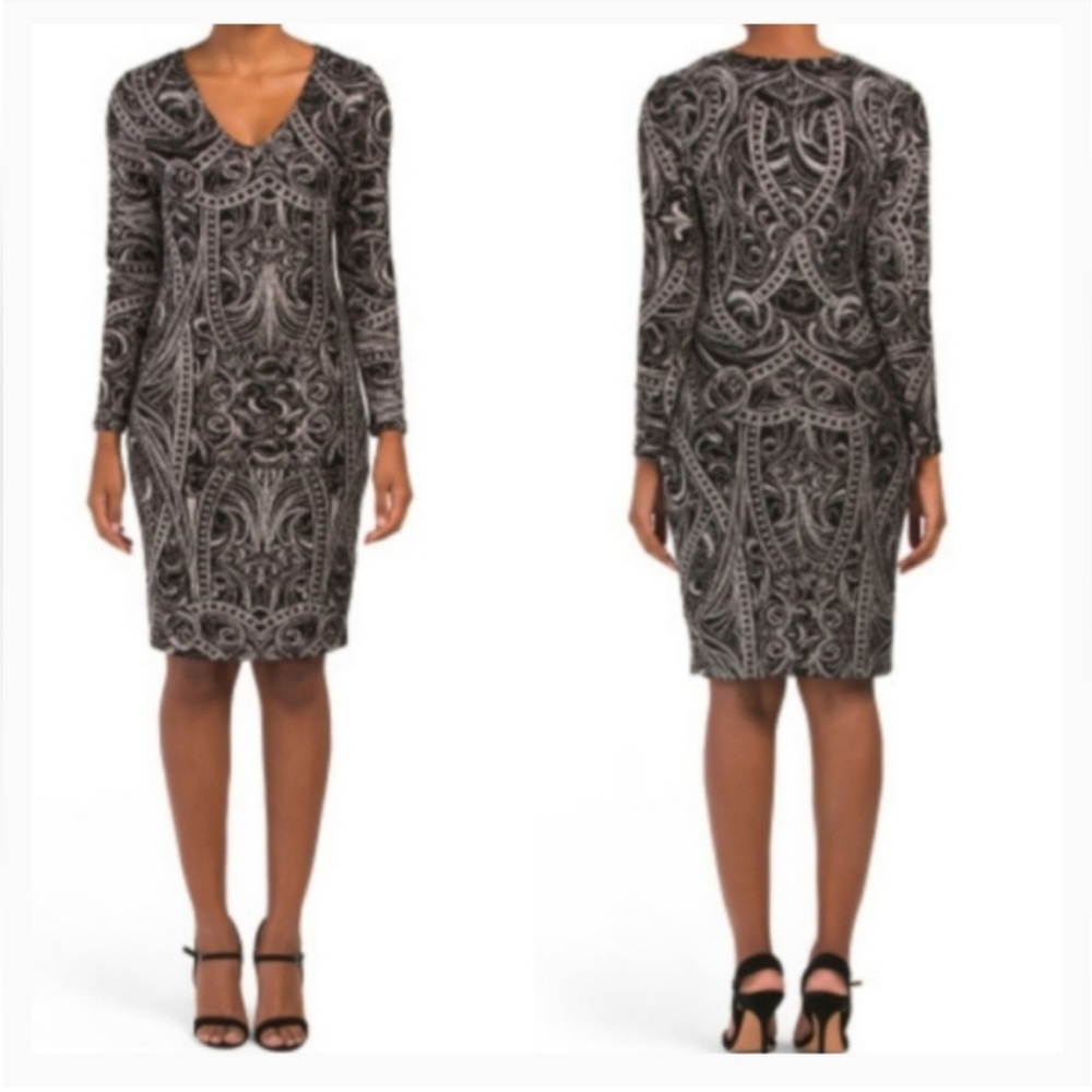 NWT Marina Black and Silver Glitter V-neck Cocktail Dress
